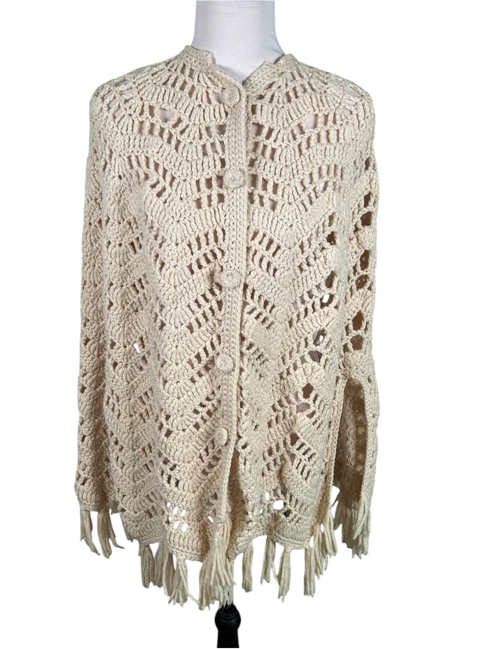 Vintage 1970s Handmade Crochet Cape Poncho Ivory Cream Fringe OSFM